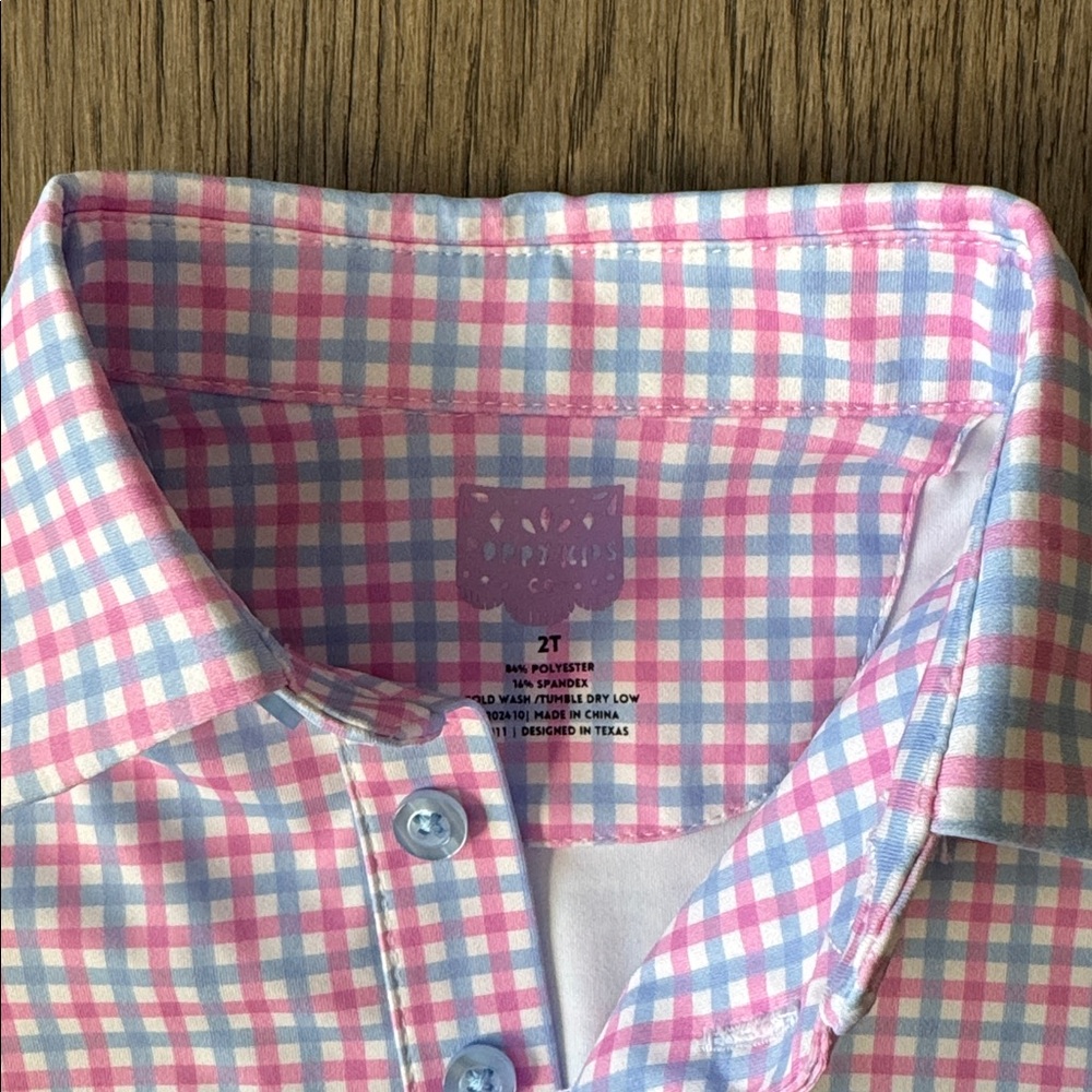 **WORN ONCE** Poppy Kids Co Boys Pink & Blue Check Polo - Picture 2 of 4